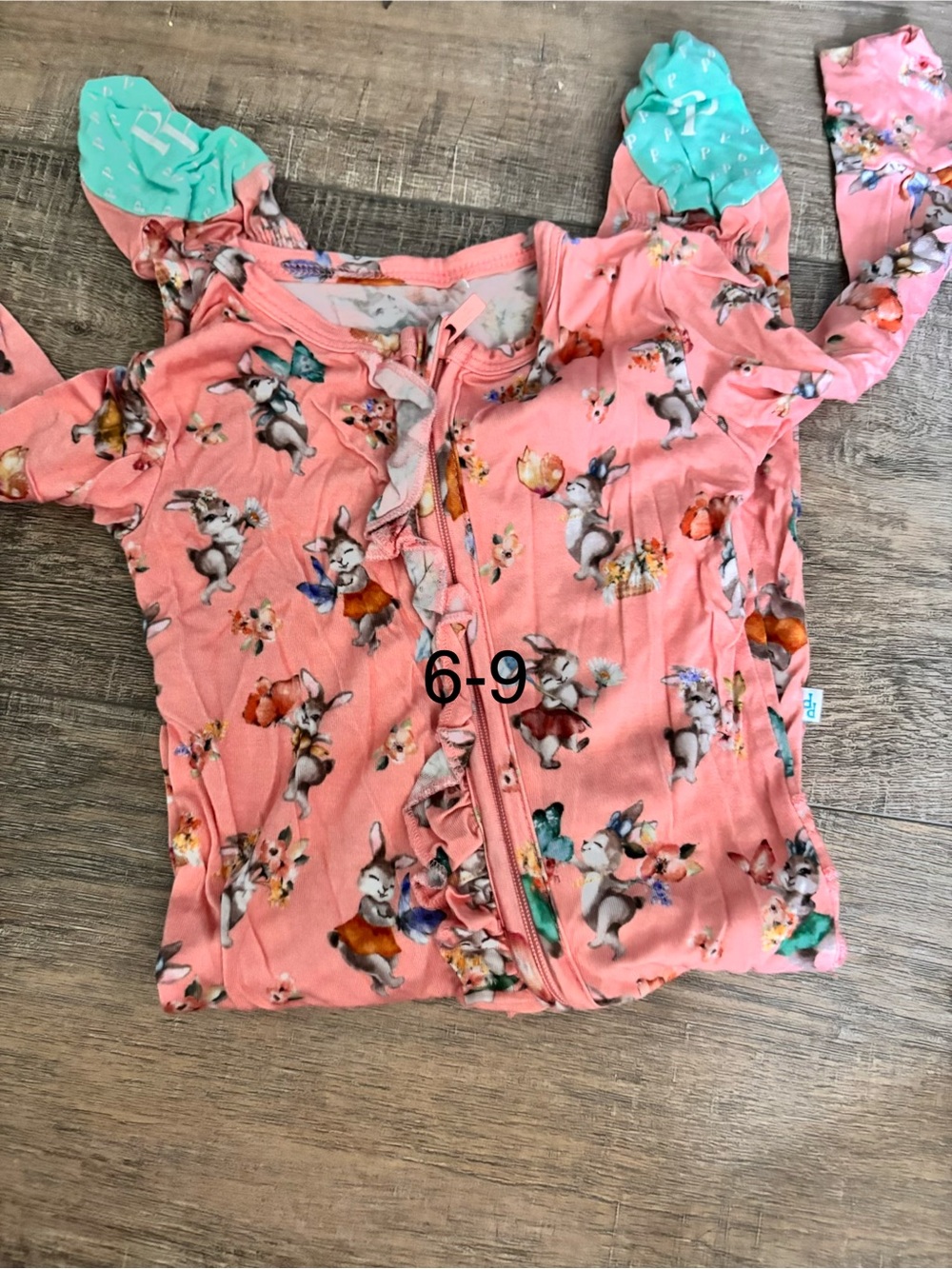 Posh Peanut Pink Bunny Print Ruffle Zip Pajama Romper with Mint Accents